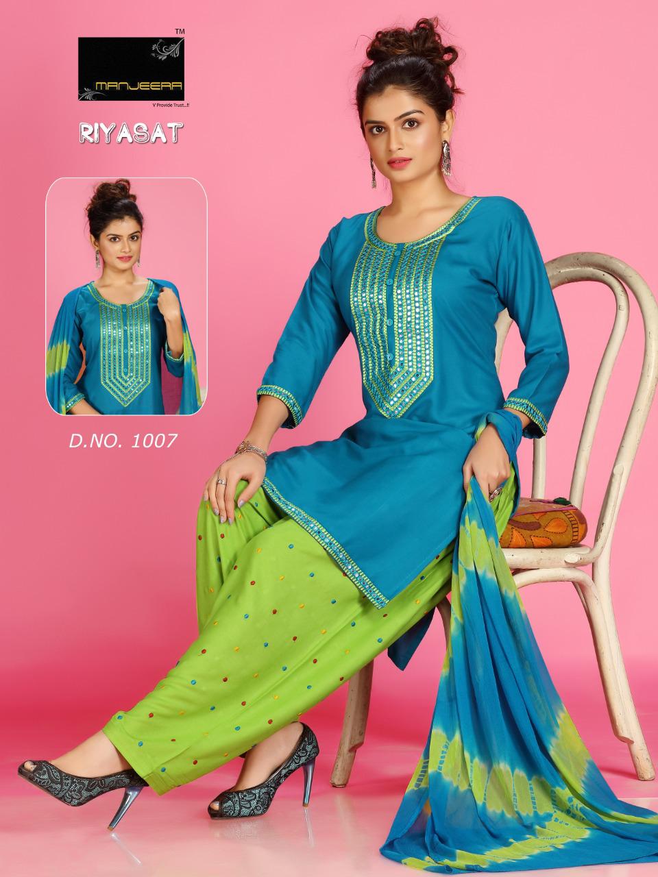 Manjeera Riyasat  Latest Fancy Designer Rayon Patiyala work Ethnic Wear Readymade Collection